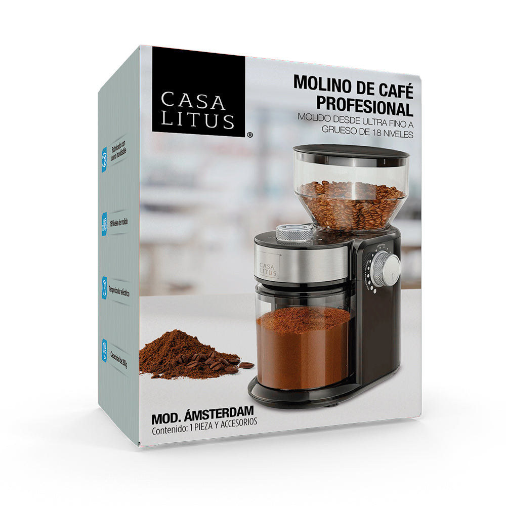 Molino de Café Eléctrico de 190 g con 18 Niveles de Molienda — contenido y accesorios