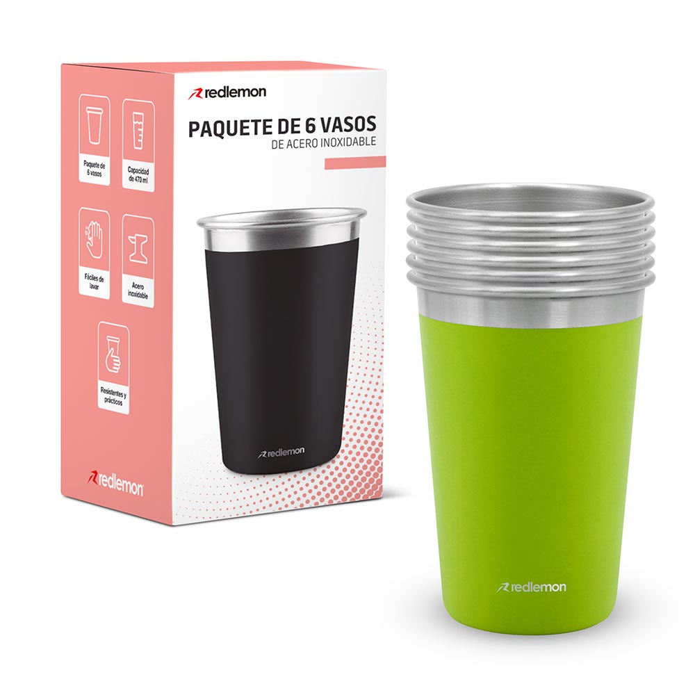 Set de 6 Vasos de Acero Inoxidable y Ecológicos (470 ml) Redlemon Technology México