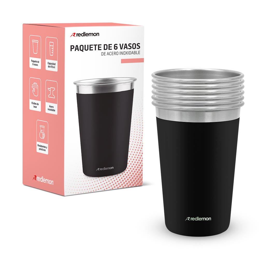 Set de 6 Vasos de Acero Inoxidable y Ecológicos (470 ml) Redlemon Technology México