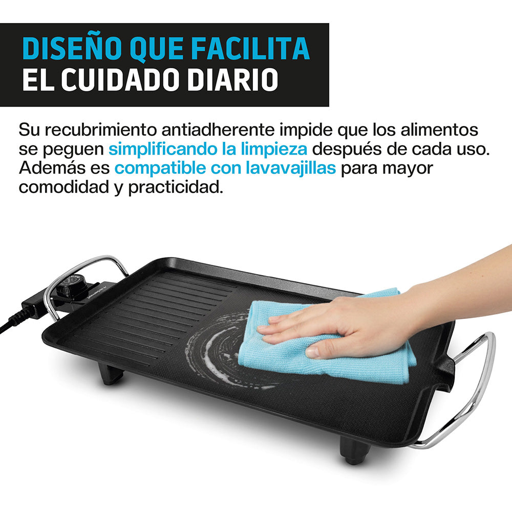 Plancha Eléctrica Antiadherente de 46 x 23 cm con Termostato — medidas y especificaciones
