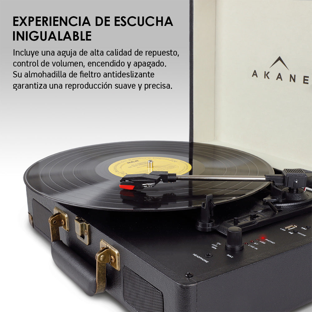 Tocadiscos Akane reproduciendo vinilo con aguja de repuesto y almohadilla de fieltro