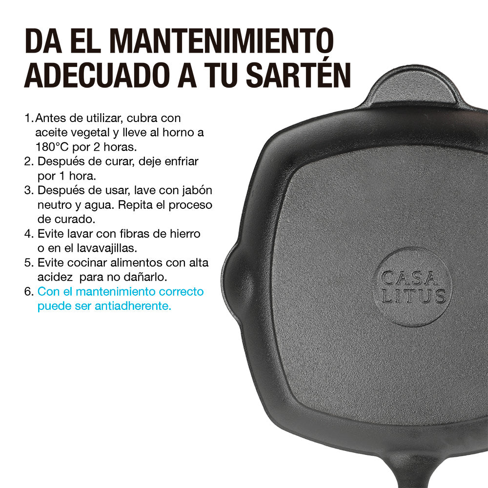Sartén Grill de Hierro Fundido Precurado de 2 L — contenido y accesorios