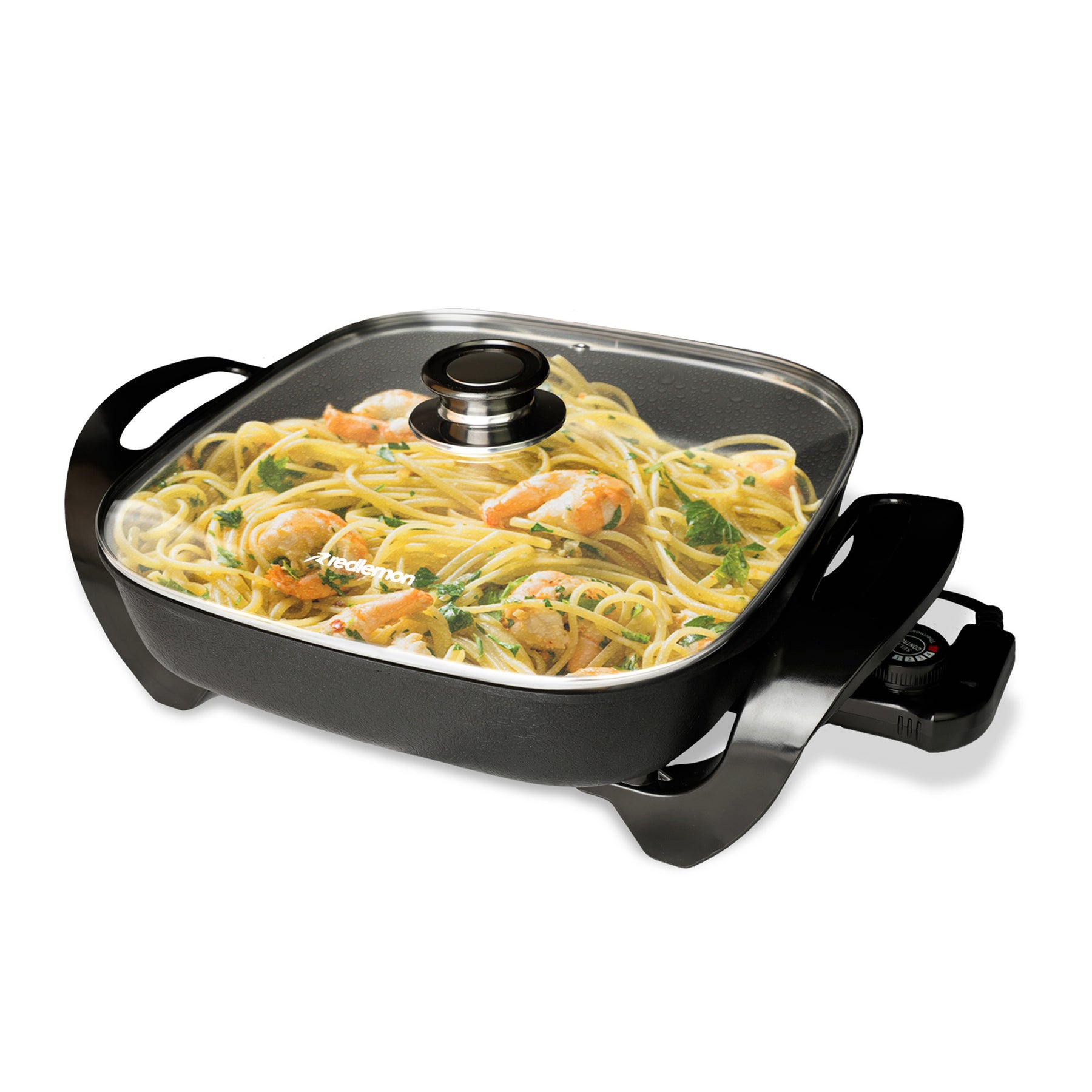 Sartén eléctrico Redlemon de 4.5 litros con tapa de vidrio y pasta en su interior