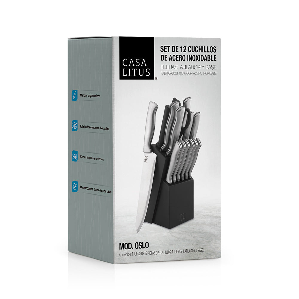 Cuchillos de Cocina de Acero Inoxidable con Base, Afilador y Tijeras 15 Pz Redlemon Technology México