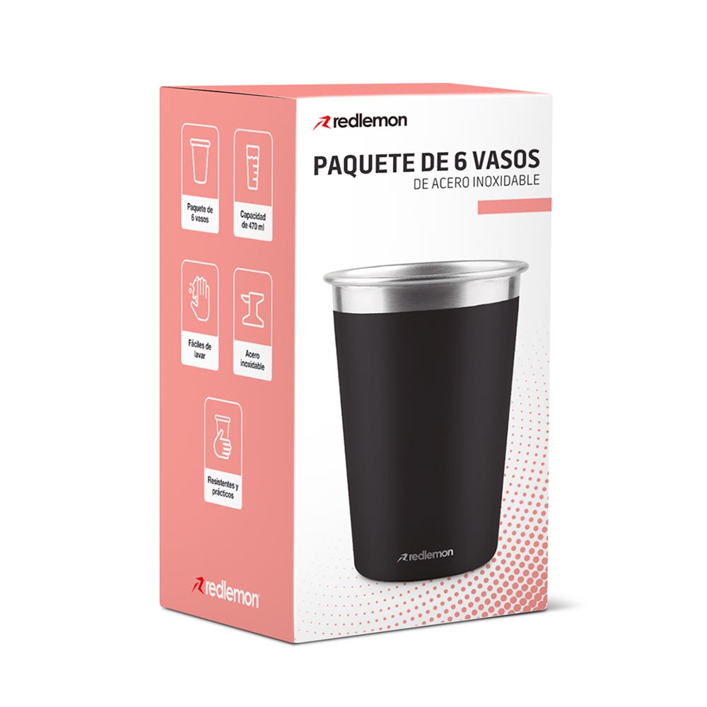 Set de 6 Vasos de Acero Inoxidable y Ecológicos (470 ml) Redlemon Technology México