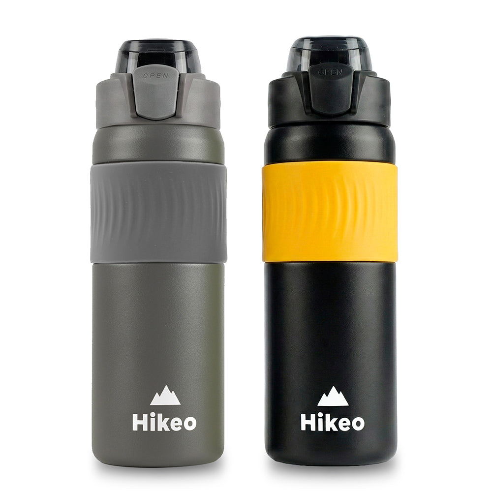 Set de dos termos HIKEO de 580 ml en gris y negro con bandas de silicón gris y amarilla