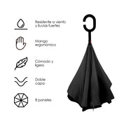 Paraguas Invertido de Doble Capa con Mango en C, 100 cm — componentes incluidos