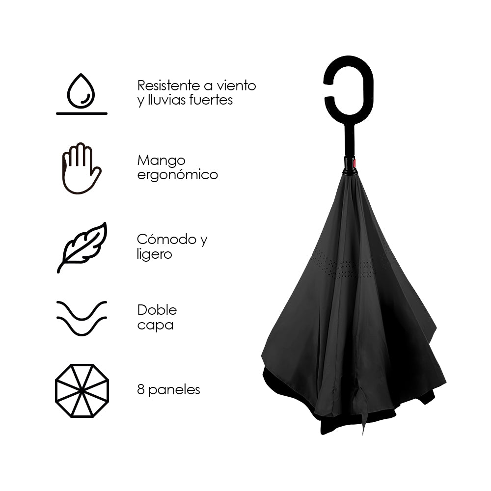 Paraguas Invertido de Doble Capa con Mango en C, 100 cm — componentes incluidos