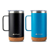 Set de dos termos HIKEO negro y azul de 700 ml con asa, tapa y base de corcho