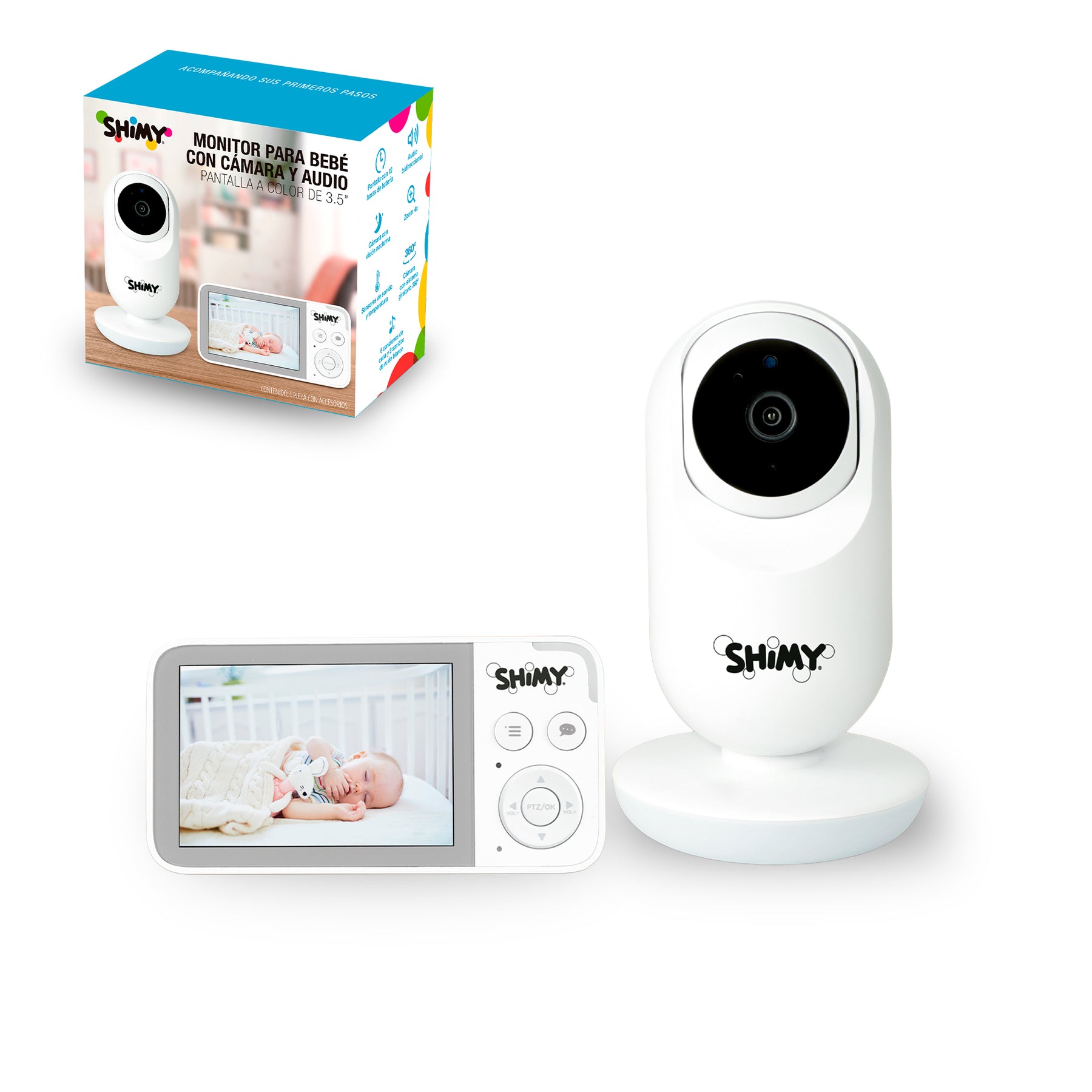 Monitor para bebé Shimy blanco con cámara HD y pantalla portátil a color