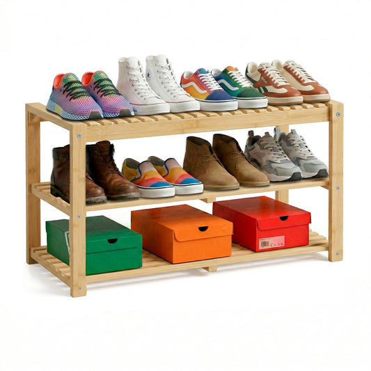 Zapatera de Madera de Bambú 3 Niveles 8-10 Pares, Multiusos para Tenis, Bolsas y Juguetes