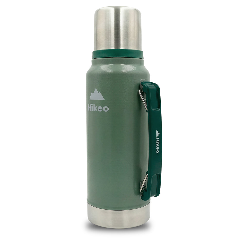 Termo HIKEO verde de 1 L con taza de acero, asa lateral y correa corta