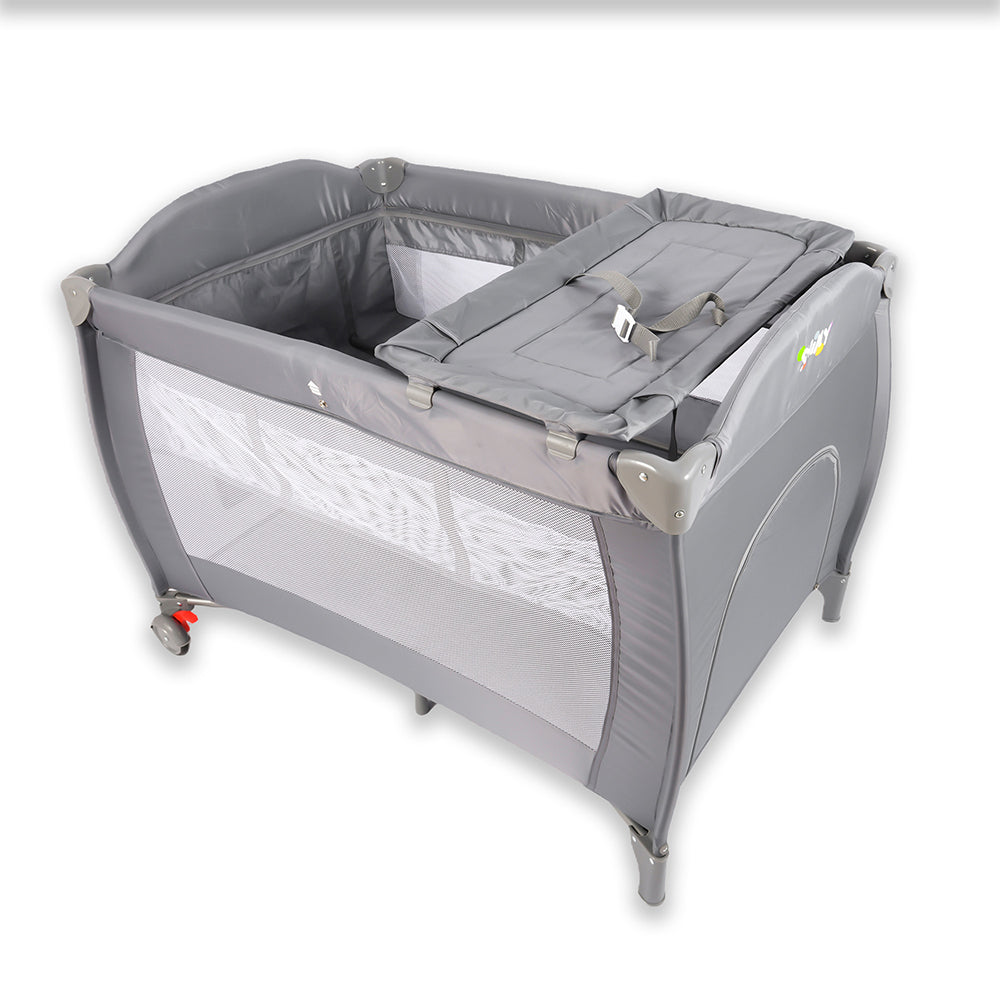 Cuna de viaje Shimy 4 en 1 color gris con corral de malla y cambiador superior