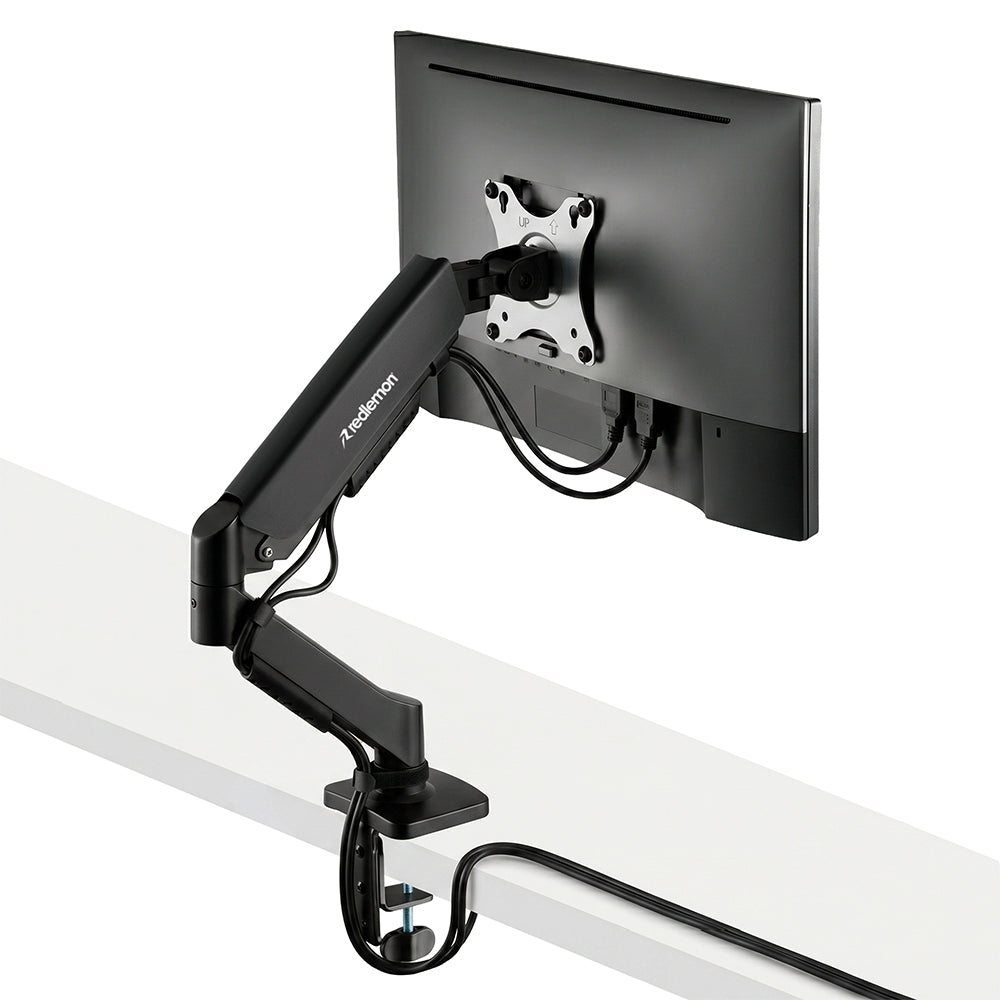 Soporte articulado negro para monitor con brazo hidráulico y abrazadera de escritorio