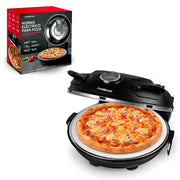 Horno eléctrico Redlemon negro abierto con pizza sobre piedra cerámica de 30 cm