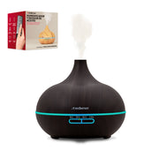 Humidificador Redlemon efecto madera oscuro con aro LED turquesa y salida de vapor