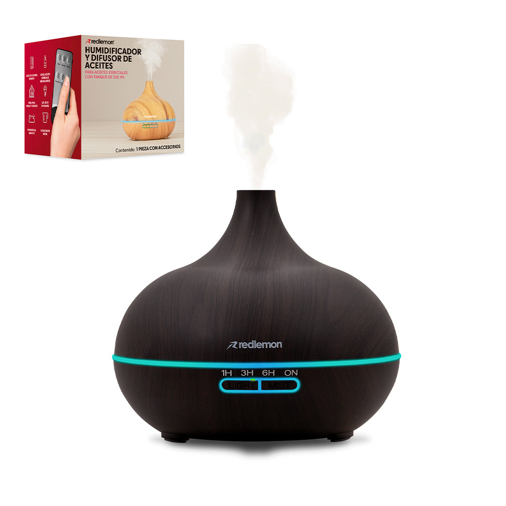 Humidificador Redlemon efecto madera oscuro con aro LED turquesa y salida de vapor