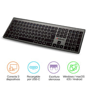 Teclado Inalámbrico Recargable con Cable USB-C para Windows, Mac y Android