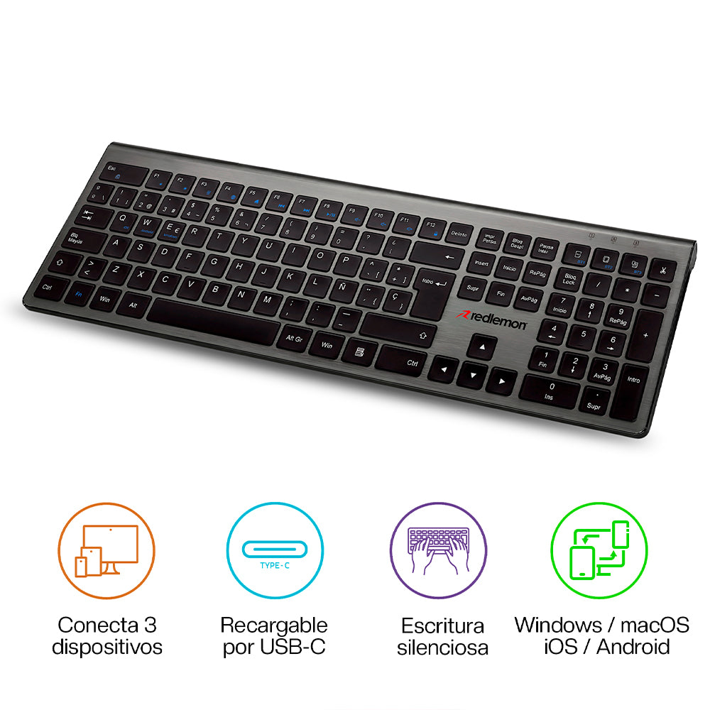 Teclado Inalámbrico Recargable con Cable USB-C para Windows, Mac y Android