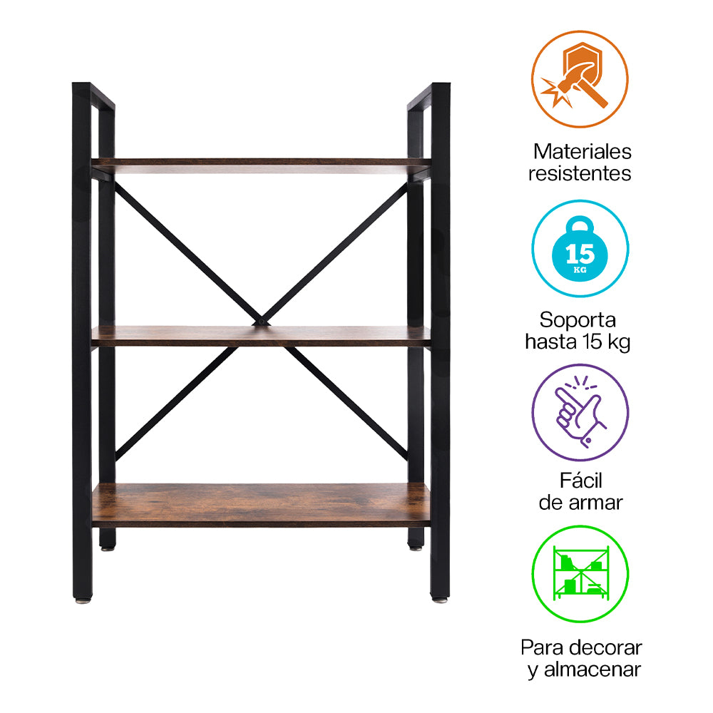 Estante Organizador de 3 Niveles, Madera y Hierro, para Hogar y Oficina