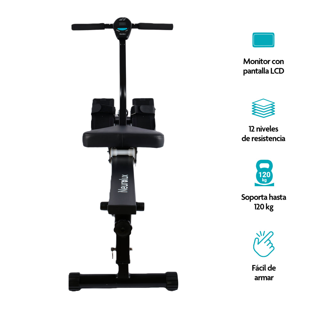 Vista frontal de remadora con pantalla LCD y capacidad de 120 kg