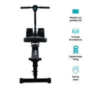 Vista frontal de remadora con pantalla LCD y capacidad de 120 kg