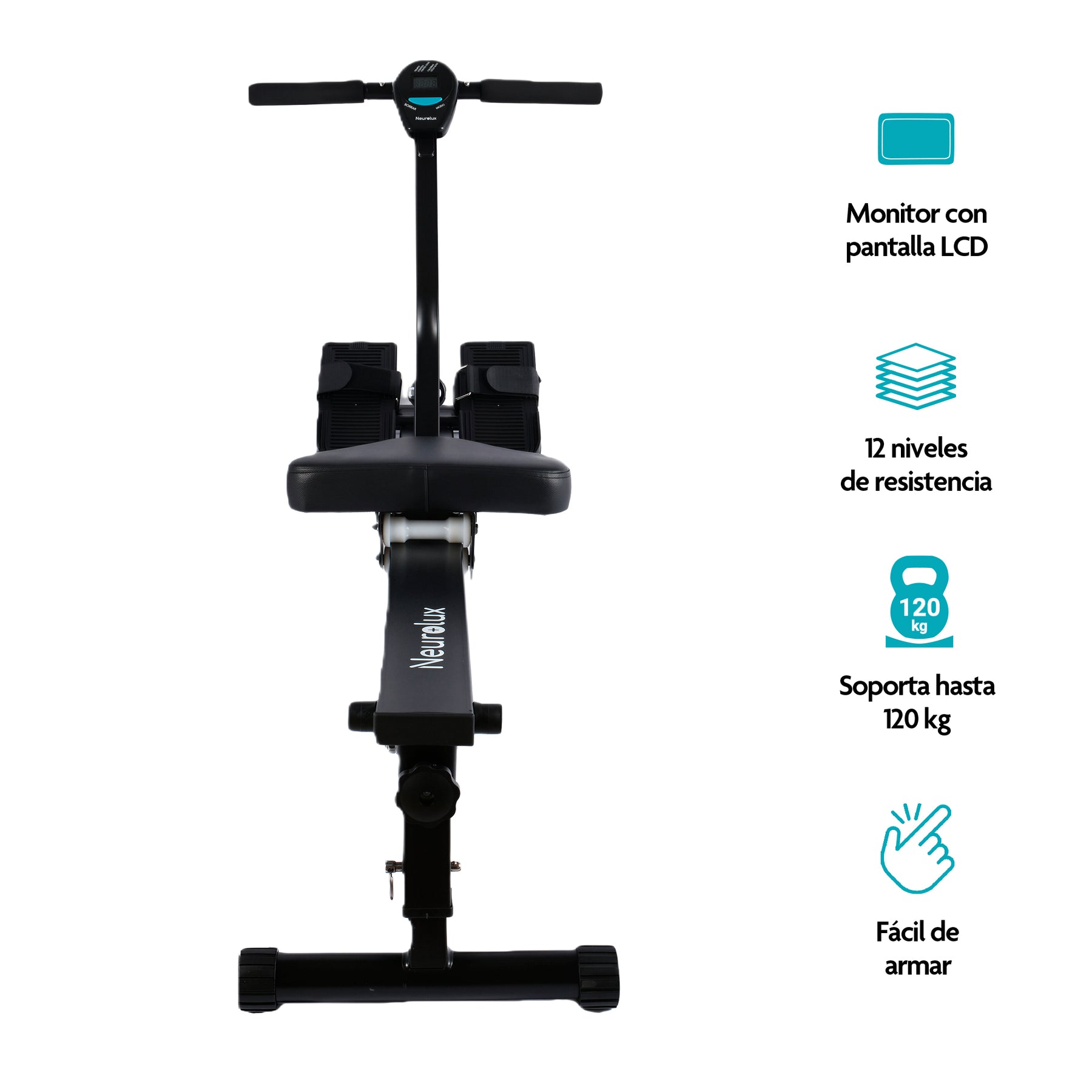 Vista frontal de remadora con pantalla LCD y capacidad de 120 kg