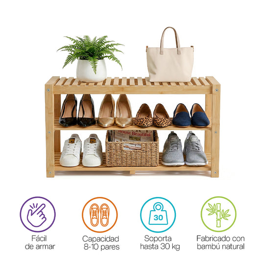 Zapatera de Madera de Bambú 3 Niveles 8-10 Pares, Multiusos para Tenis, Bolsas y Juguetes