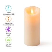 Paquete de 6 Velas LED Largas de Pilas, Flama Realista con Movimiento y Baterías Incluidas