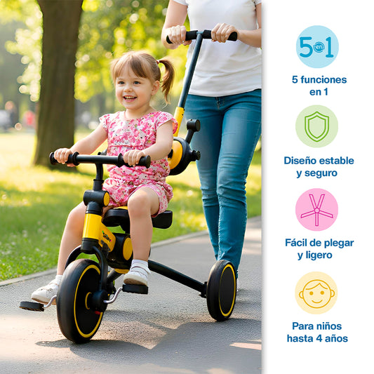 Triciclo para Niños y Bebé 5 en 1 Plegable con Toldo y Cinturón de Seguridad