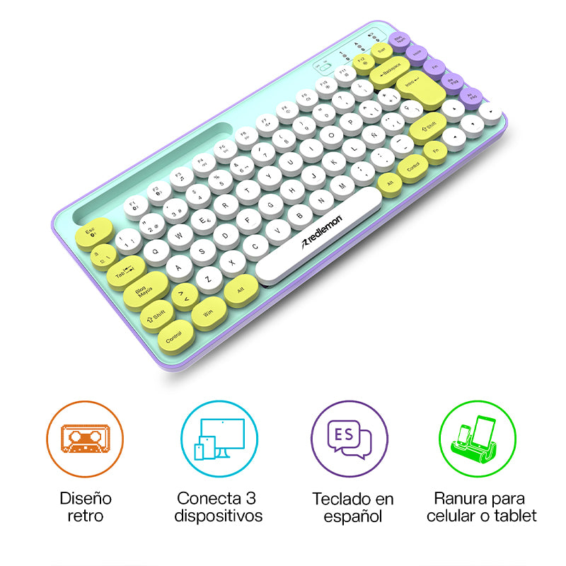 Teclado Inalámbrico en Español Diseño Retro con Teclas de Colores