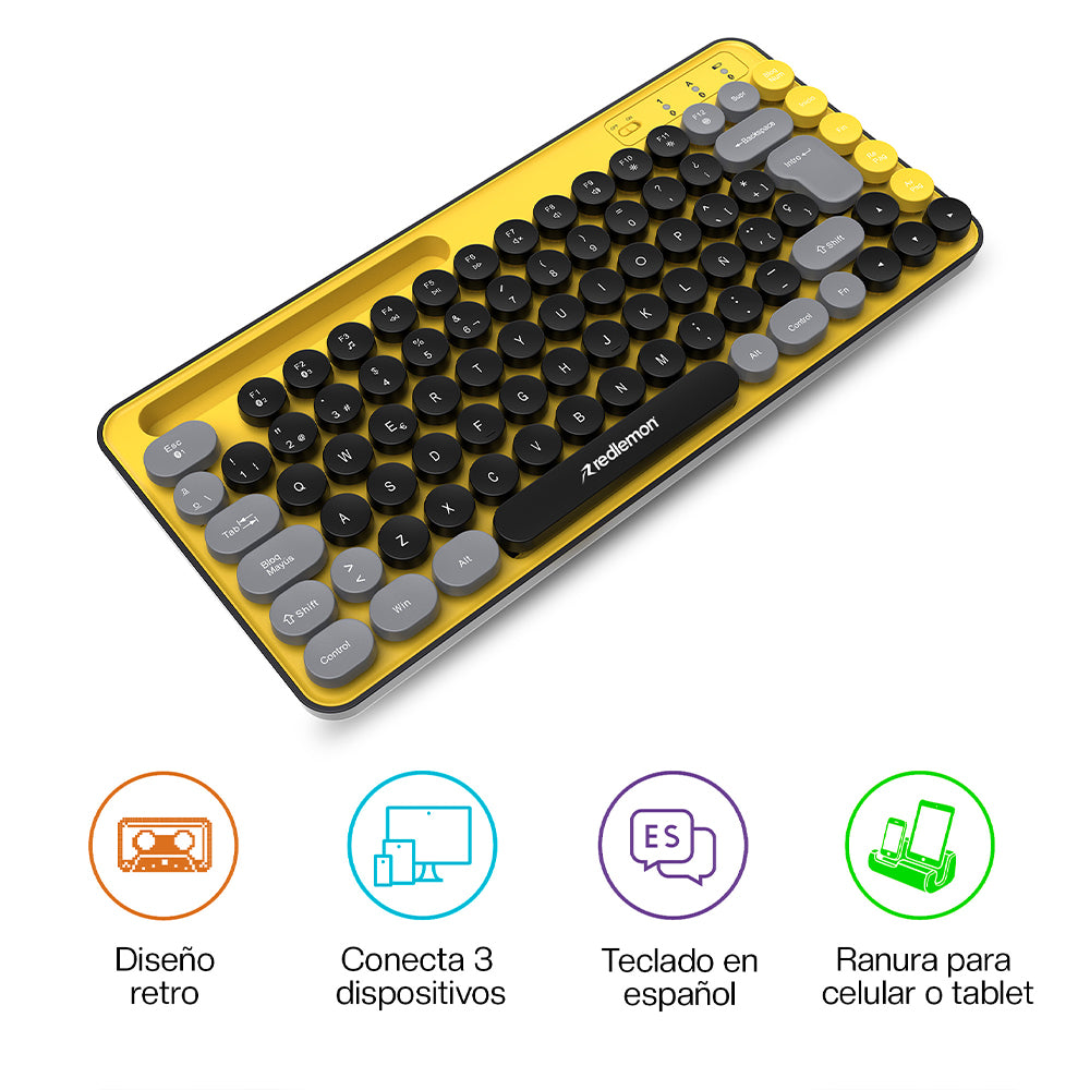 Teclado Inalámbrico en Español Diseño Retro con Teclas de Colores