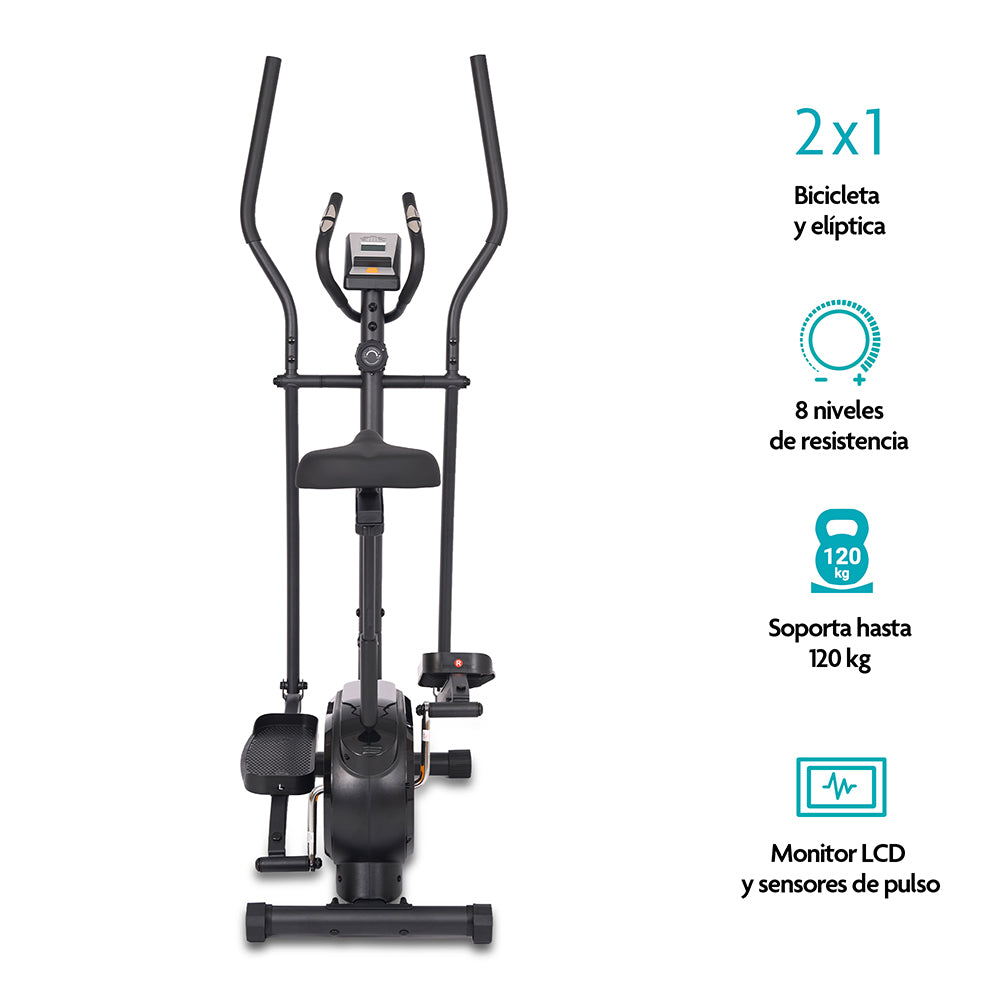 Bicicleta Elíptica 2 en 1 con 8 Niveles de Resistencia, Monitor LCD para Gimnasio en Casa