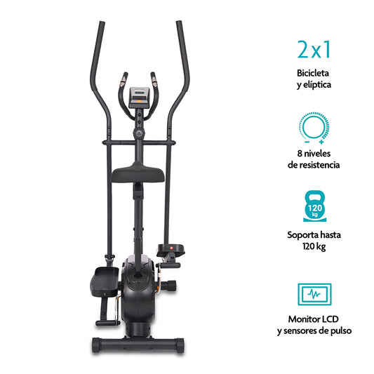 Bicicleta Elíptica 2 en 1 con 8 Niveles de Resistencia, Monitor LCD para Gimnasio en Casa