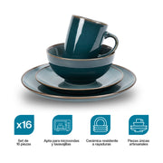 Taza, tazón y platos de la vajilla Casa Litus azul con acabado reactive glaze