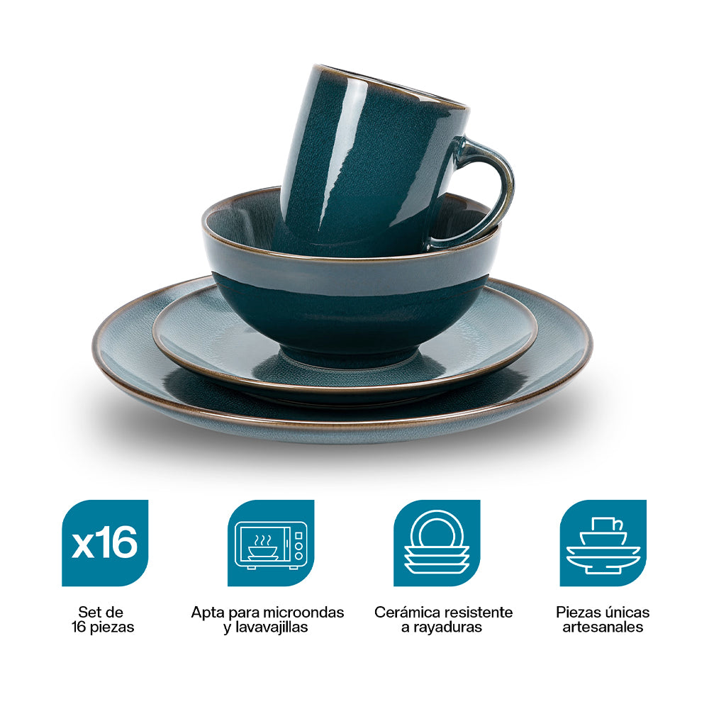 Taza, tazón y platos de la vajilla Casa Litus azul con acabado reactive glaze