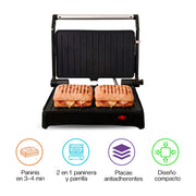 Parrilla Eléctrica para Panini, Antiadherente, Apertura 180° con Charola Removible