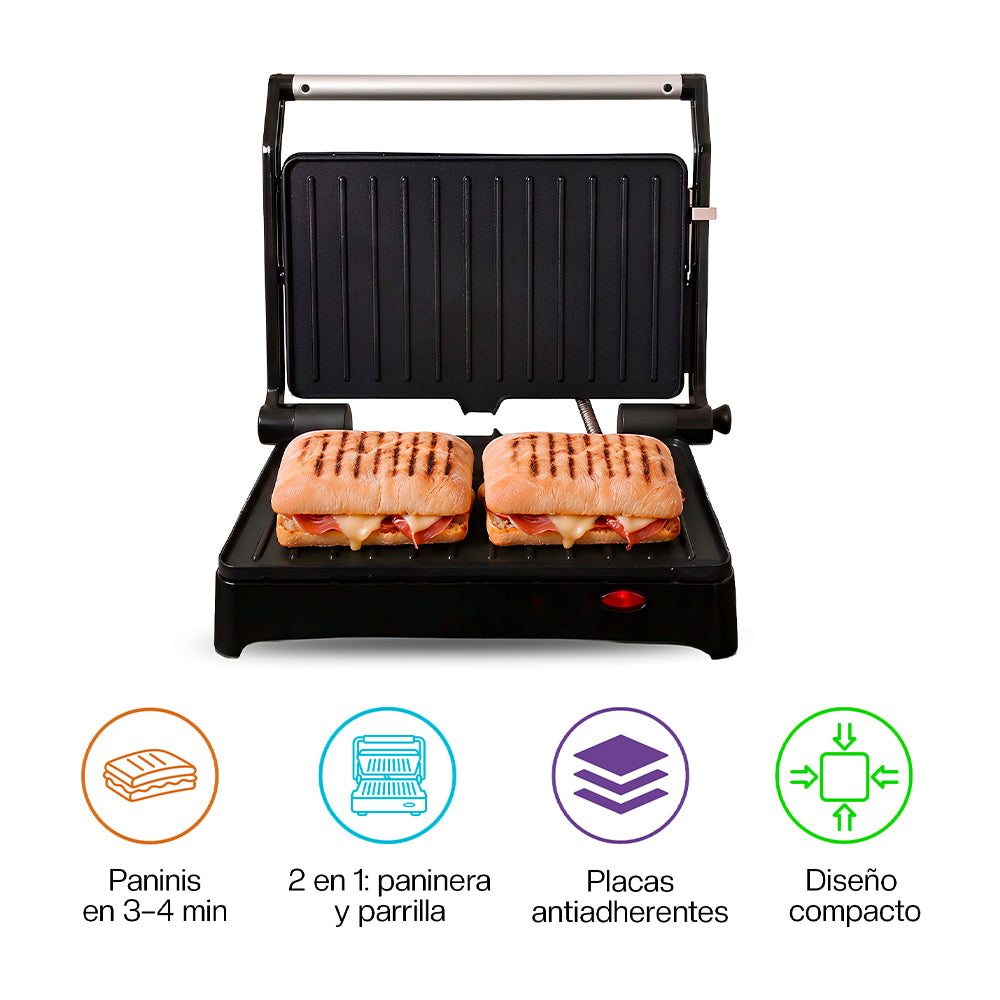 Parrilla Eléctrica para Panini, Antiadherente, Apertura 180° con Charola Removible