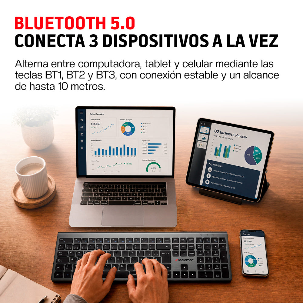 Teclado Inalámbrico Recargable con Cable USB-C para Windows, Mac y Android