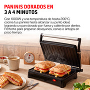 Parrilla Eléctrica para Panini, Antiadherente, Apertura 180° con Charola Removible