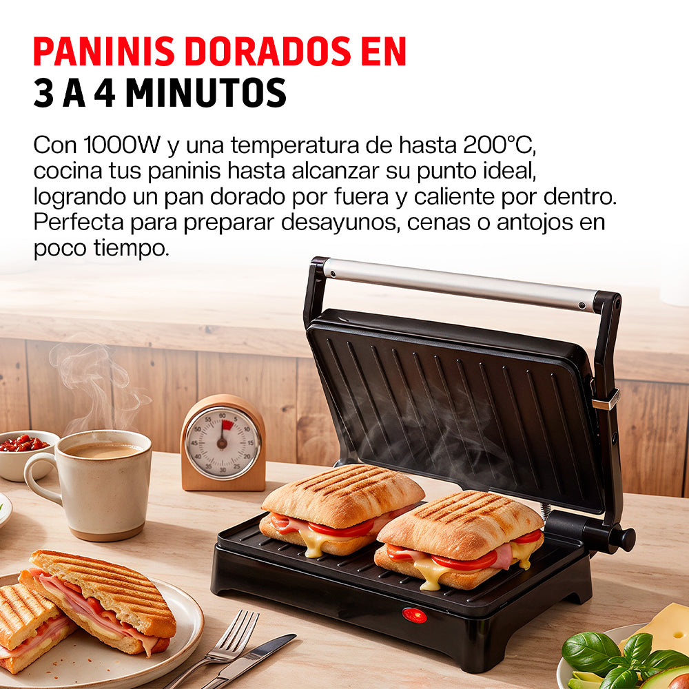 Parrilla Eléctrica para Panini, Antiadherente, Apertura 180° con Charola Removible