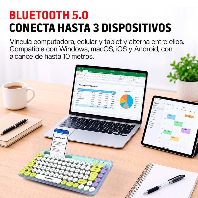 Teclado Inalámbrico en Español Diseño Retro con Teclas de Colores