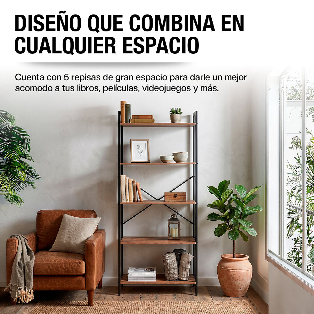 Librero de 5 Niveles Ajustables de Madera y Acero — detalle del producto