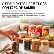 Recipientes Herméticos de Vidrio con Tapa de Bambú 8 Piezas Chicas