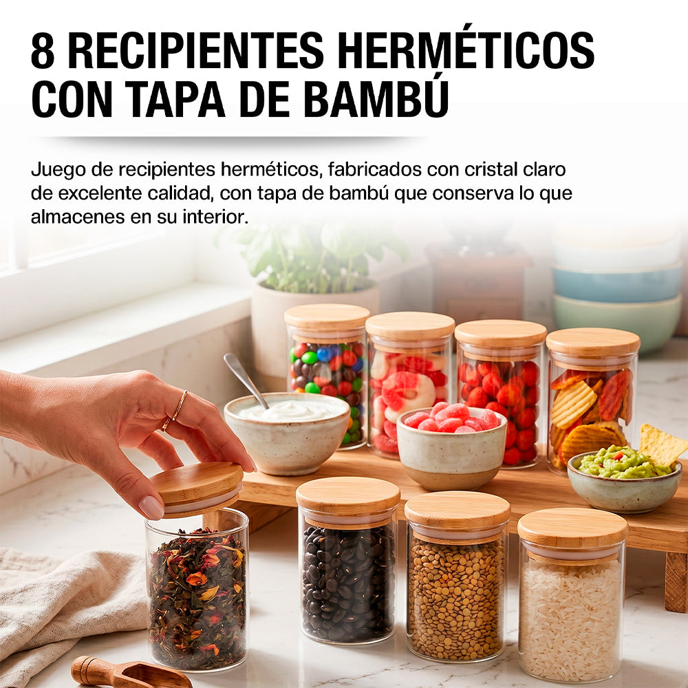 Recipientes Herméticos de Vidrio con Tapa de Bambú 8 Piezas Chicas