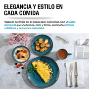 Vajilla Casa Litus azul servida con desayuno para cuatro personas