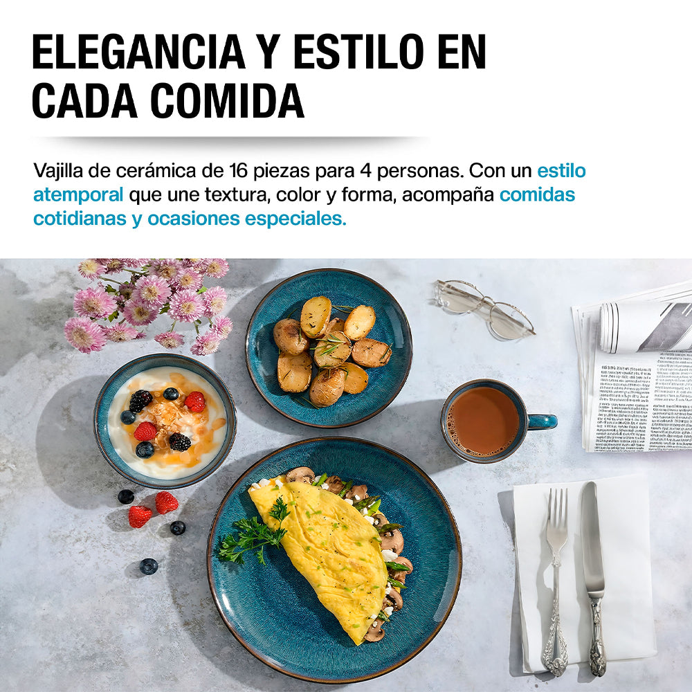 Vajilla Casa Litus azul servida con desayuno para cuatro personas