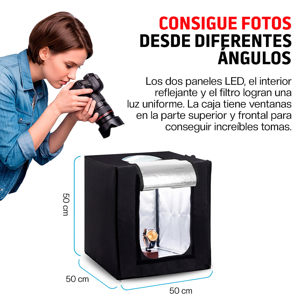 Caja de Luz para Fotografía Profesional Portátil (50x50x50 cm), Iluminación LED, 3 Fondos de Colores