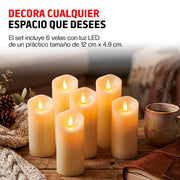 Paquete de 6 Velas LED Largas de Pilas, Flama Realista con Movimiento y Baterías Incluidas