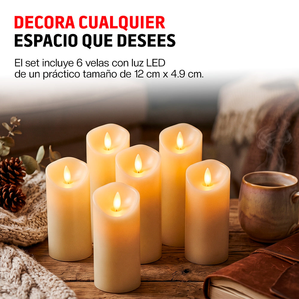 Paquete de 6 Velas LED Largas de Pilas, Flama Realista con Movimiento y Baterías Incluidas